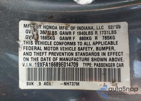 2009 Honda Civic Lx-S z USA, uszkodzony, nr VIN 19XFA16689E014709